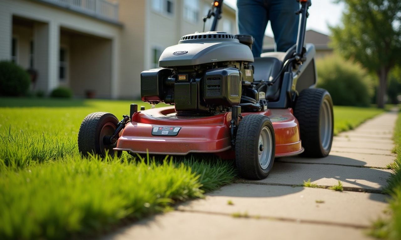 Lawn mower deck cutting green grass along concrete walkway edge with visible clippings