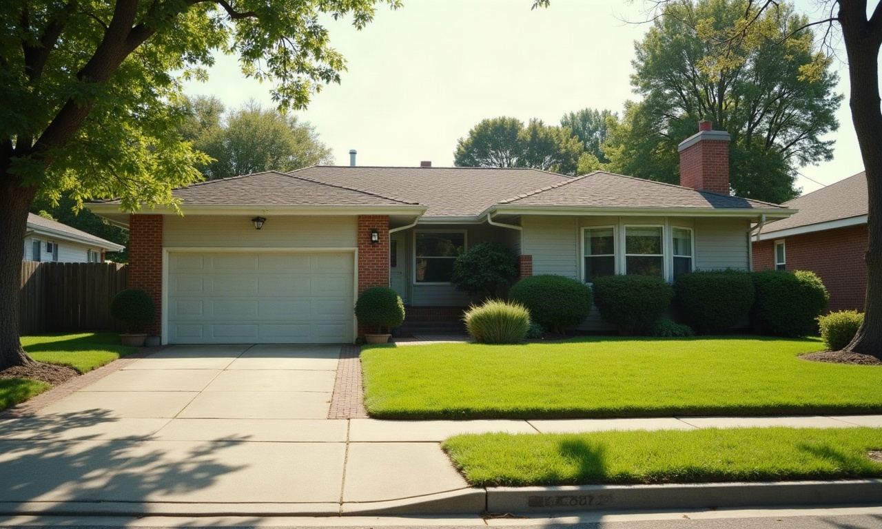 Single-story house with trimmed front lawn, border plants, and driveway