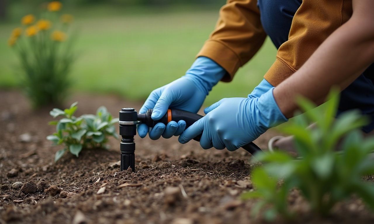 Gloved hands adjusting spray irrigation head in mulched garden bed with shrubs