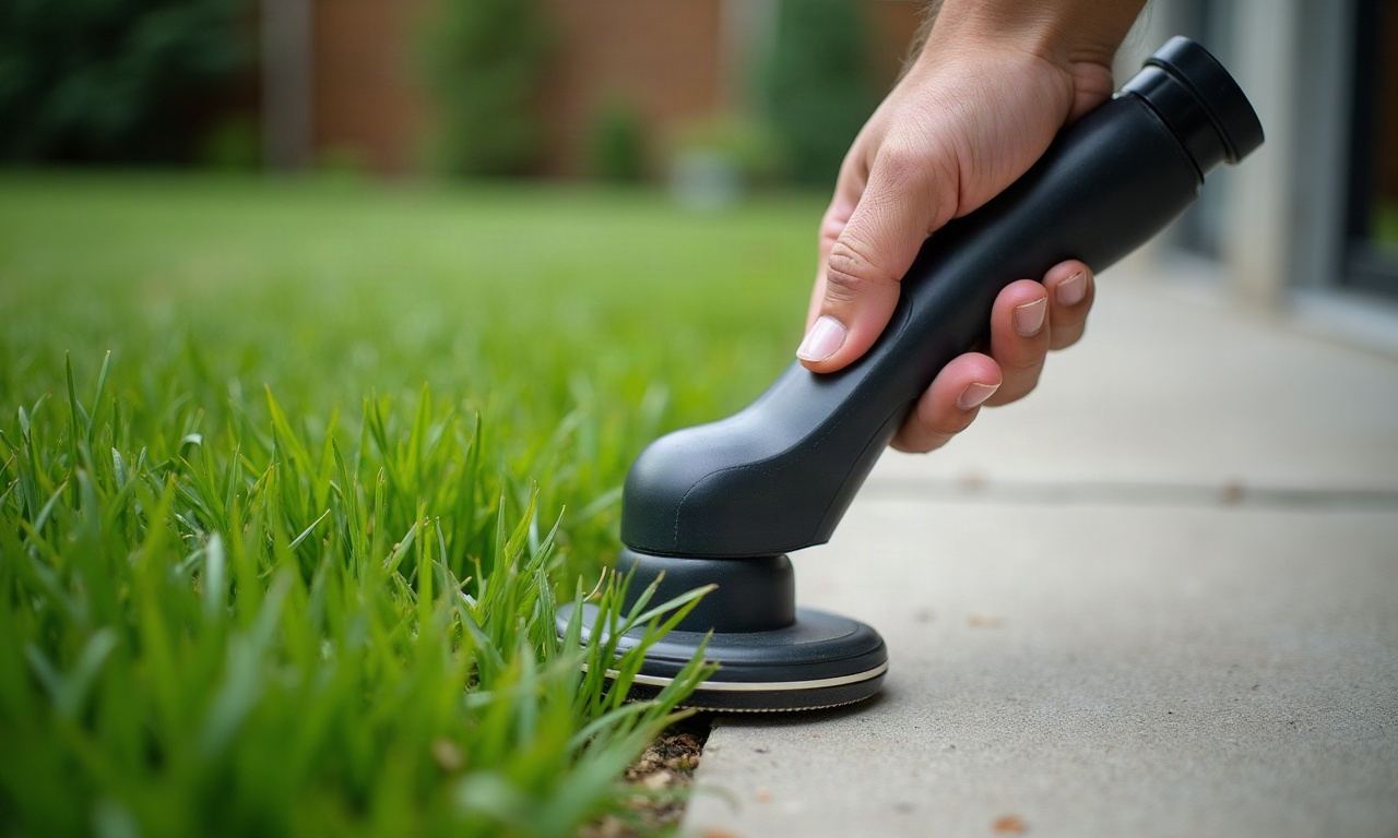 Hand holding edger along lawn and concrete patio border with clean cut edge