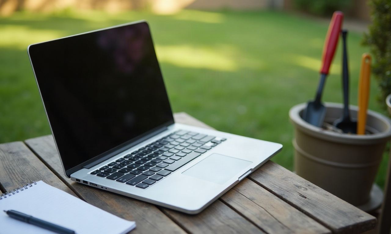 Laptop and notepad on outdoor table with lawn and garden tools in background