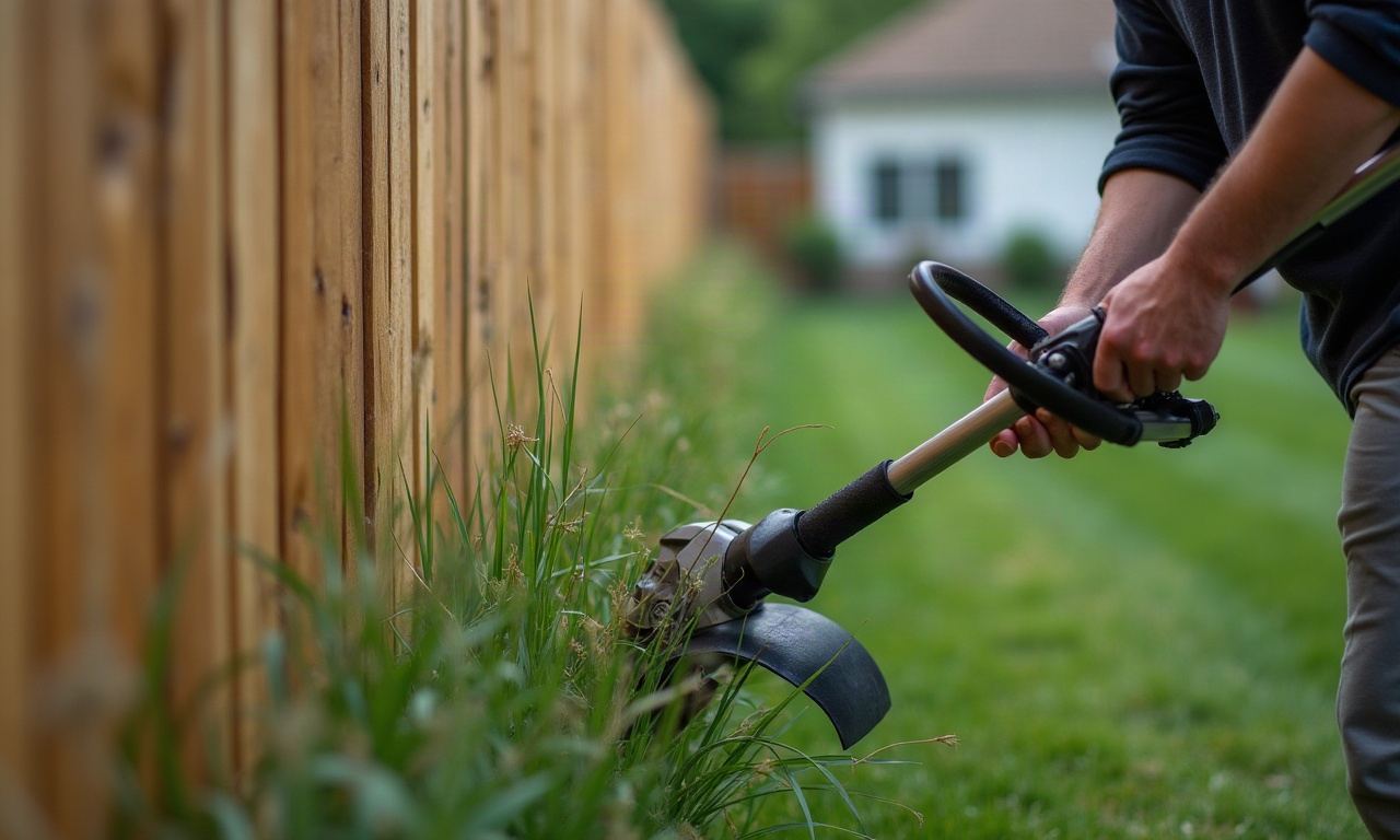 String trimmer cutting tall grass and weeds along wooden fence line